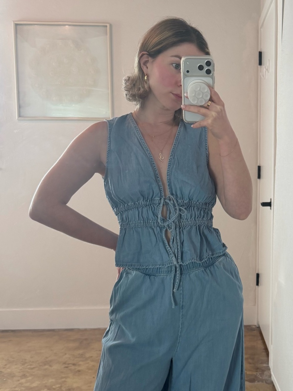 Mango Light Blue Soft Denim Tie-Front Peplum Top